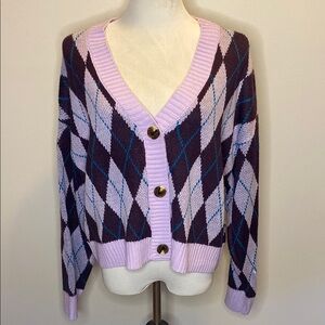 Elegant Purple and Blue Argyle Cardigan
